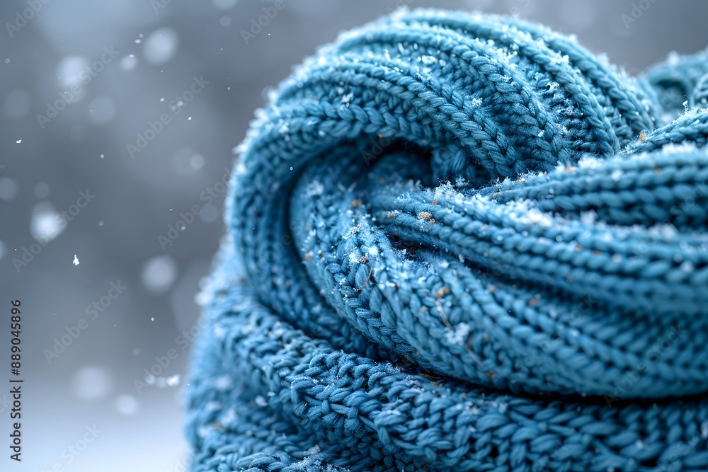 Winter Warmth Concept: Close-Up of Snow Covered Blue Knitted Scarf for Seasonal Design Winter Warmth Concept: Close-Up of Snow Covered Blue Knitted Scarf for Seasonal Design