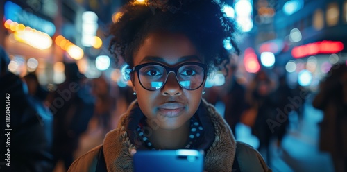 Woman Using Smartphone on City Street at Night