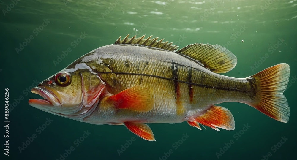 Fishing trophy - big freshwater perch in water on green background. Fishing trophy - big freshwater perch in water on green background.