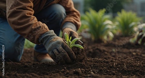Gardener planting in soil with blurred face.