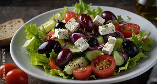 Greek salad with fresh vegetables, feta cheese, kalamata olives, dried oregano, red wine vinegar and olive oil Healthy food. photo