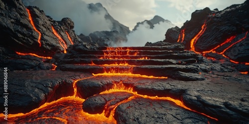 Plakat Lava flow Dynamic lava flow podium product platform Copy space. AI generated.