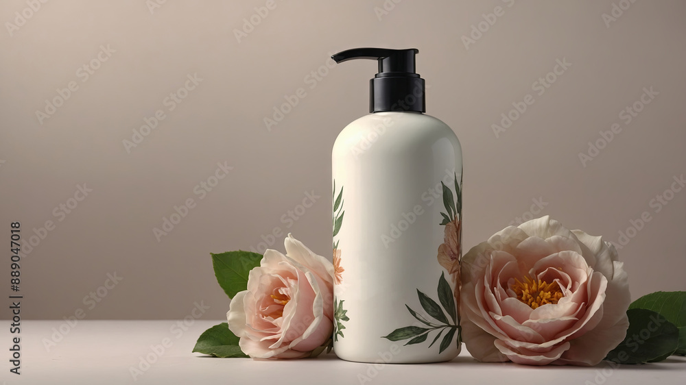 Floral Lotion bottle - blank bottle with natural ingredients for product mockup template Lotion shampoo conditioner soap. AI generated. Floral Lotion bottle - blank bottle with natural ingredients for product mockup template Lotion shampoo conditioner soap. AI generated.