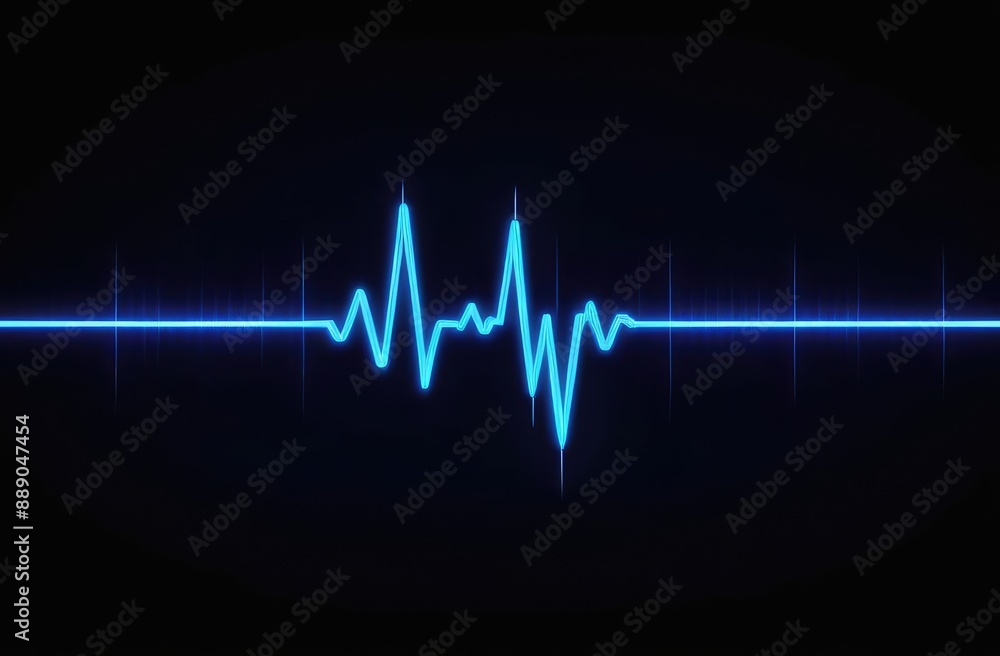 Blue glowing neon line of chart on screen. waveform of heart pulse, electrocardiogram. Blue glowing neon line of chart on screen. waveform of heart pulse, electrocardiogram.