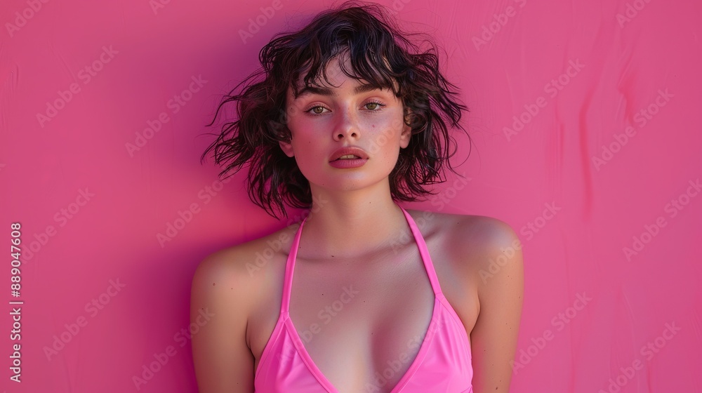 A young woman wearing a pink swimsuit poses against a vibrant pink background. A young woman wearing a pink swimsuit poses against a vibrant pink background.