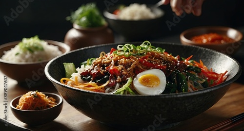 Korean spicy salad with rice - traditionally Korean food, Bibimbap. photo