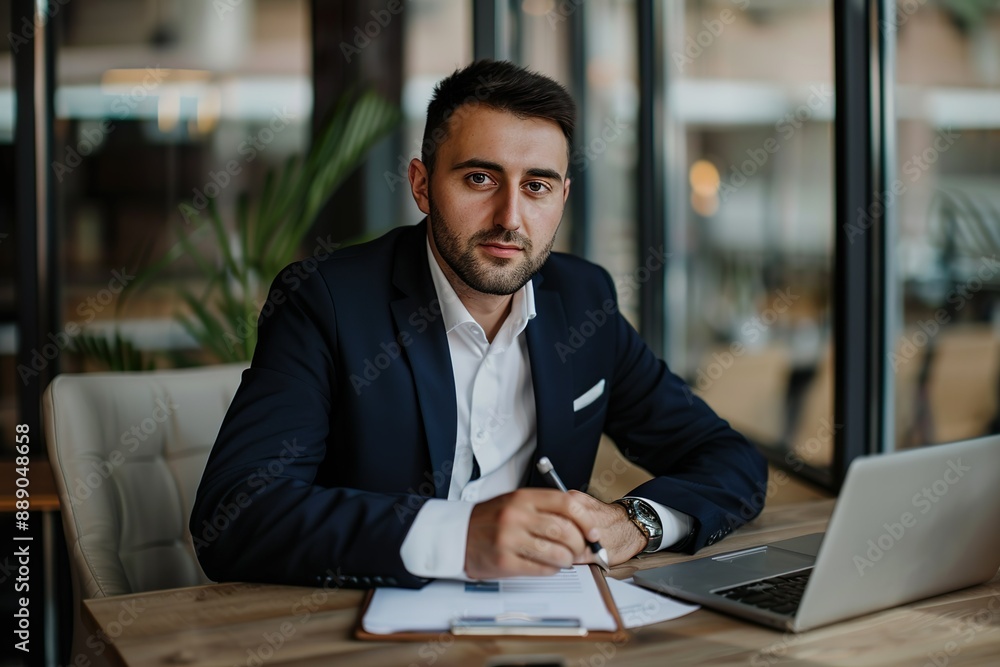 Young businessman in a suit working at a desk with a clipboard and pen in a modern office. Young businessman in a suit working at a desk with a clipboard and pen in a modern office.