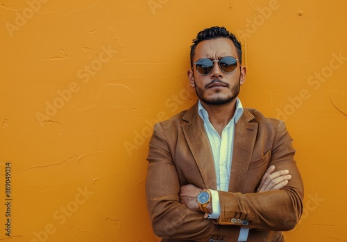 Man With Sunglasses and Brown Jacket Posing in Front of a Yellow Wall