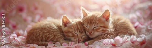 Two Orange Kittens Napping in a Bed of Pink Petals