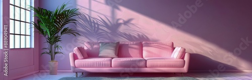Pink Sofa in a Sunlit Living Room With Plants