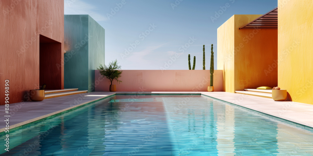 Fototapeta premium Modern Minimalist Pool with Colorful Geometric Walls 