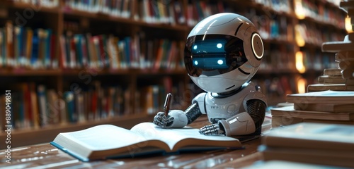White Robot Studying in a Library With a Laptop and Notebook