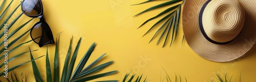 Straw Hat and Sunglasses on Yellow Background With Palm Leaves