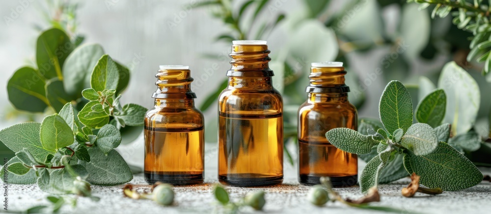 Essential Oils Bottles Surrounded by Green Leaves Essential Oils Bottles Surrounded by Green Leaves