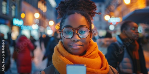 Woman Using Smartphone on City Street at Night