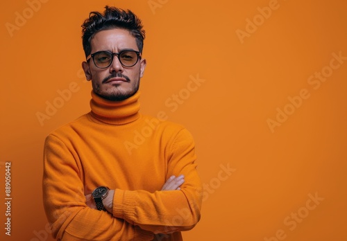 Man Wearing Orange Sunglasses and Turtleneck in Front of Orange Background