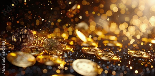Golden Bitcoin Coins Scattered on Black Surface With Sparkling Lights