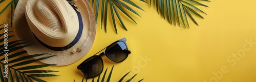 Straw Hat and Sunglasses on Yellow Background With Palm Leaves