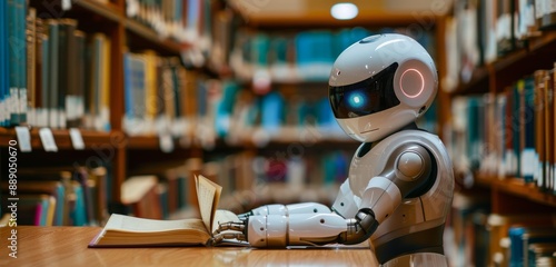 White Robot Studying in a Library With a Laptop and Notebook