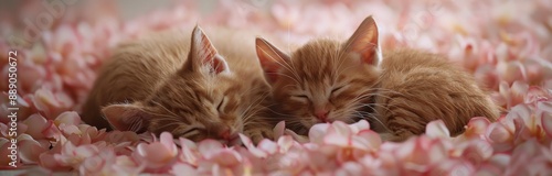 Two Orange Kittens Napping in a Bed of Pink Petals