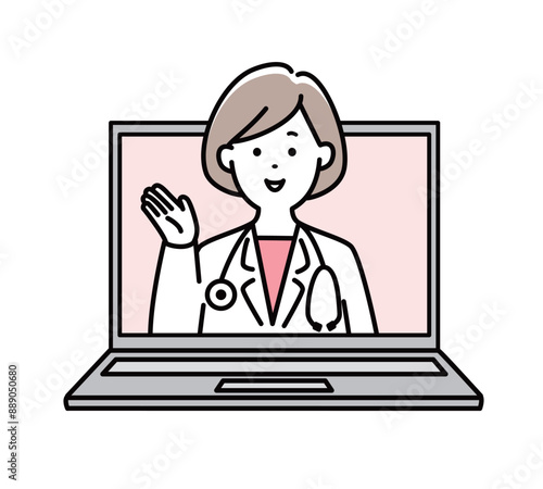 パソコンでオンライン診療案内をする女医のイラスト素材