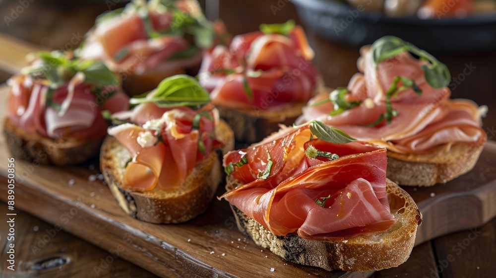 Appetizer platter with bruschetta topped with Parma ham, smoked salmon, and tuna. Appetizer platter with bruschetta topped with Parma ham, smoked salmon, and tuna.