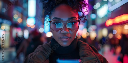 Woman Using Smartphone on City Street at Night