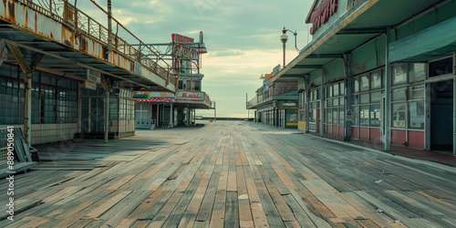 Vacant Boardwalk Empire: An abandoned seaside boardwalk, with row after row of shuttered arcades and amusement parks. photo