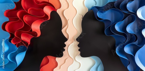 Black Silhouette Cutout Portraits Facing Each Other With Red And Blue Backgro...