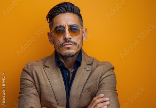 Man With Sunglasses and Brown Jacket Posing in Front of a Yellow Wall