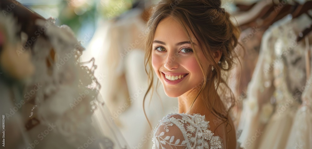 Smiling Bride Trying On Lace Wedding Dress in Bridal Shop Smiling Bride Trying On Lace Wedding Dress in Bridal Shop
