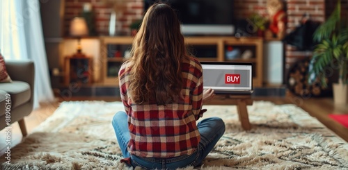 Woman Shopping Online On Laptop While Sitting On The Floor In Her Living Room