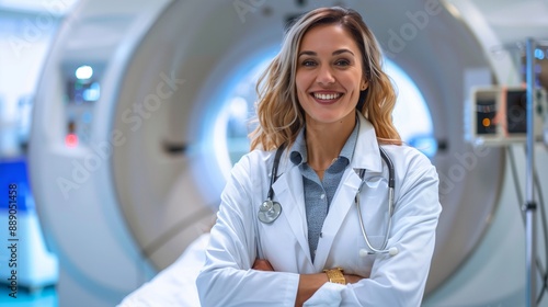 Smiling radiologic technologist with medical machine.