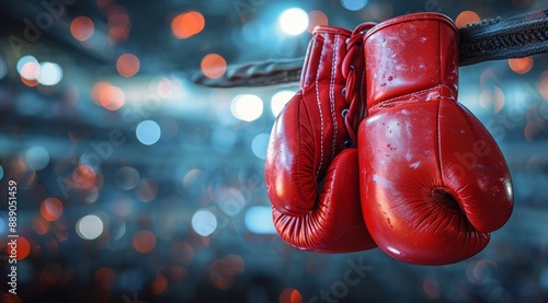 Red Boxing Gloves Hanging on a Ring Rope in a Stadium