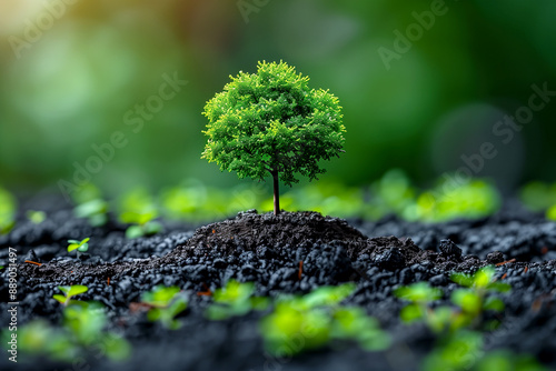 A small tree is growing in a patch of dirt