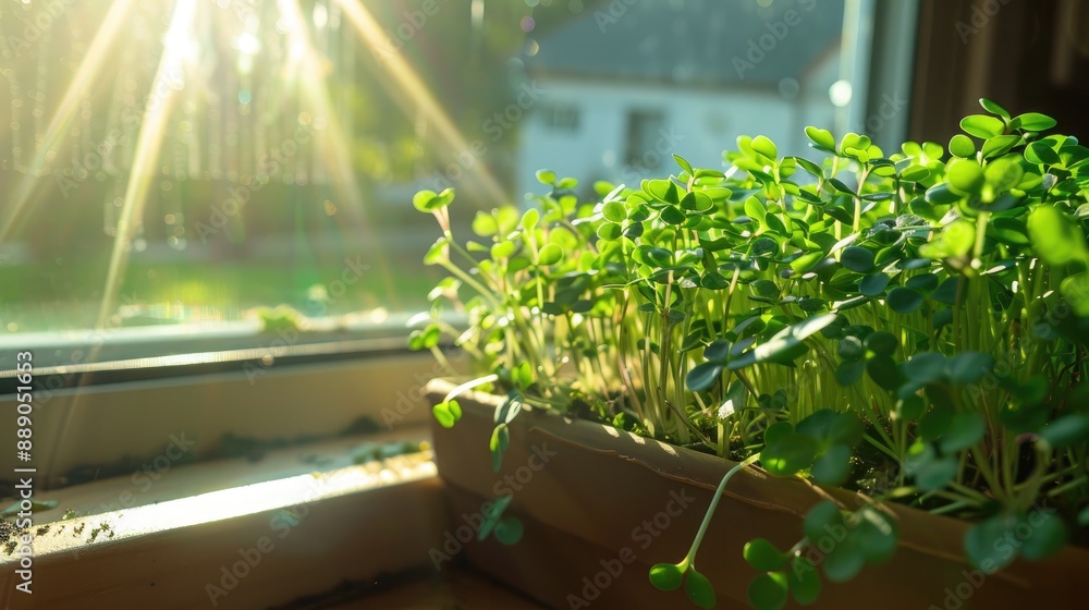 Growing green sprouts on the windowsill with sunlight Growing green sprouts on the windowsill with sunlight