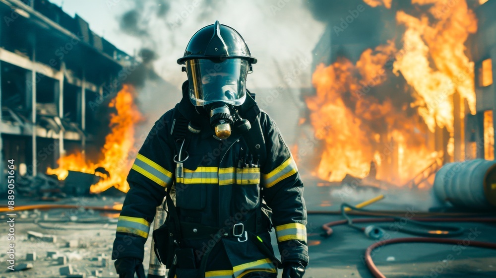 Fire-fighting with showcasing a fire effect, a firefighter in full uniform, fireproof clothing, personal protective equipment, and an oxygen cylinder. Fire-fighting with showcasing a fire effect, a firefighter in full uniform, fireproof clothing, personal protective equipment, and an oxygen cylinder.