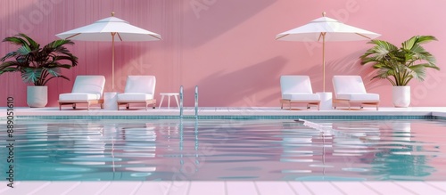 Modern Poolside Relaxation With Pink Wall and Palm Trees