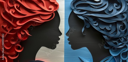 Black Silhouette Cutout Portraits Facing Each Other With Red And Blue Backgro...