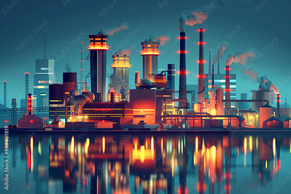Obraz premium A city skyline with a large industrial plant in the background. The sky is dark and the city is lit up with lights. The industrial plant is emitting smoke, giving the scene a sense of pollution
