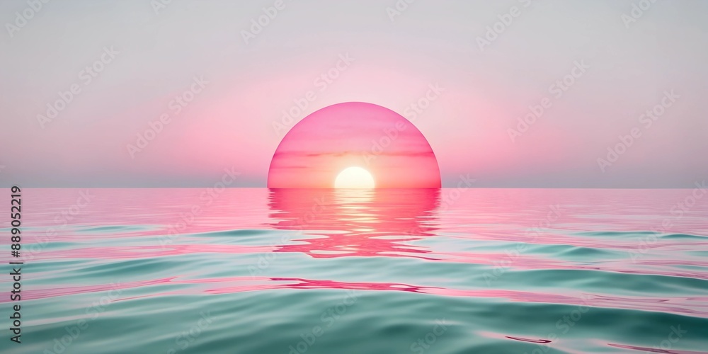 Beach and Ocean Concept Background, A pink sun is rising over the ocean, creating a beautiful and serene atmosphere Beach and Ocean Concept Background, A pink sun is rising over the ocean, creating a beautiful and serene atmosphere