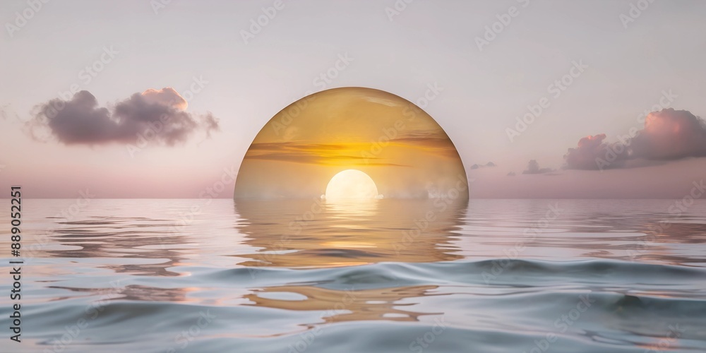 Beach and Ocean Concept Background, A large sun is reflected in the water Beach and Ocean Concept Background, A large sun is reflected in the water