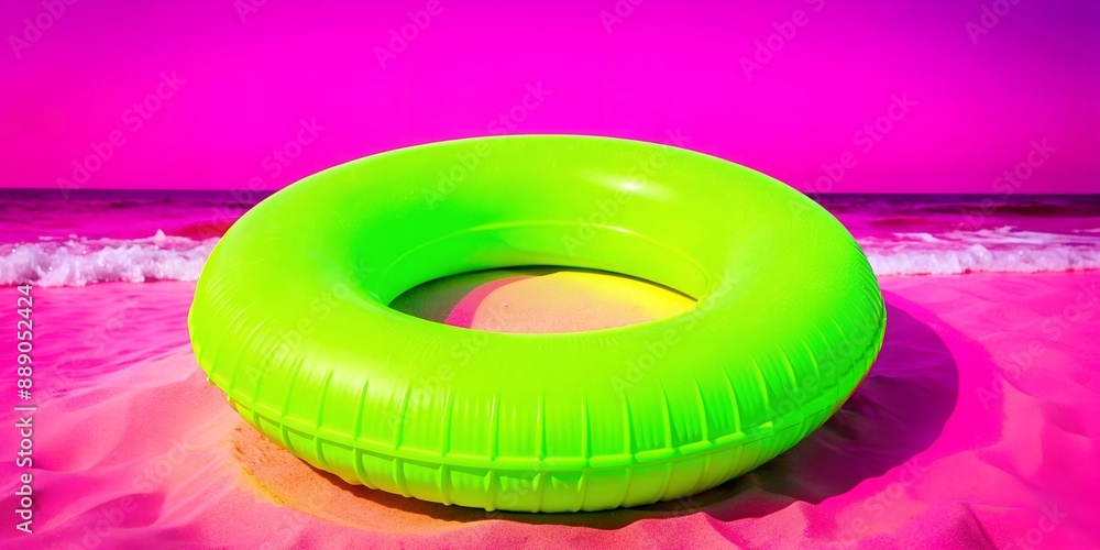 Beach and Ocean Concept Background, A green inflatable pool sits on the beach Beach and Ocean Concept Background, A green inflatable pool sits on the beach