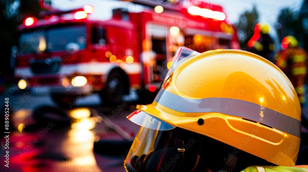 Firefighter equipment to work in emergency in front of fire truck background. Firefighter equipment to work in emergency in front of fire truck background.