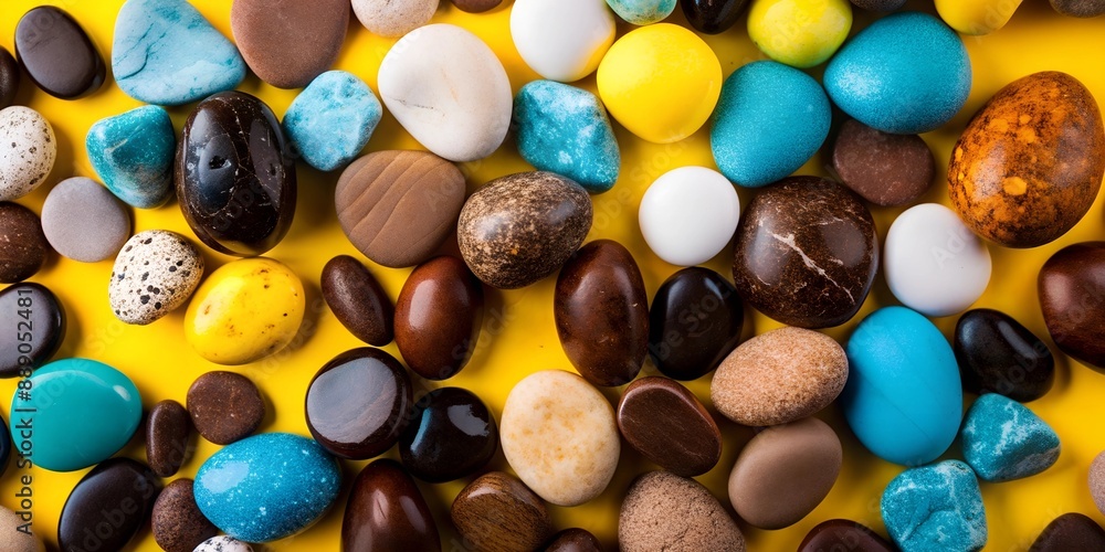 Beach and Ocean Concept Background, A collection of colorful rocks and pebbles on a yellow background