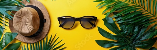 Summer Vacation Essentials: Straw Hat and Sunglasses on Yellow Background Wit...
