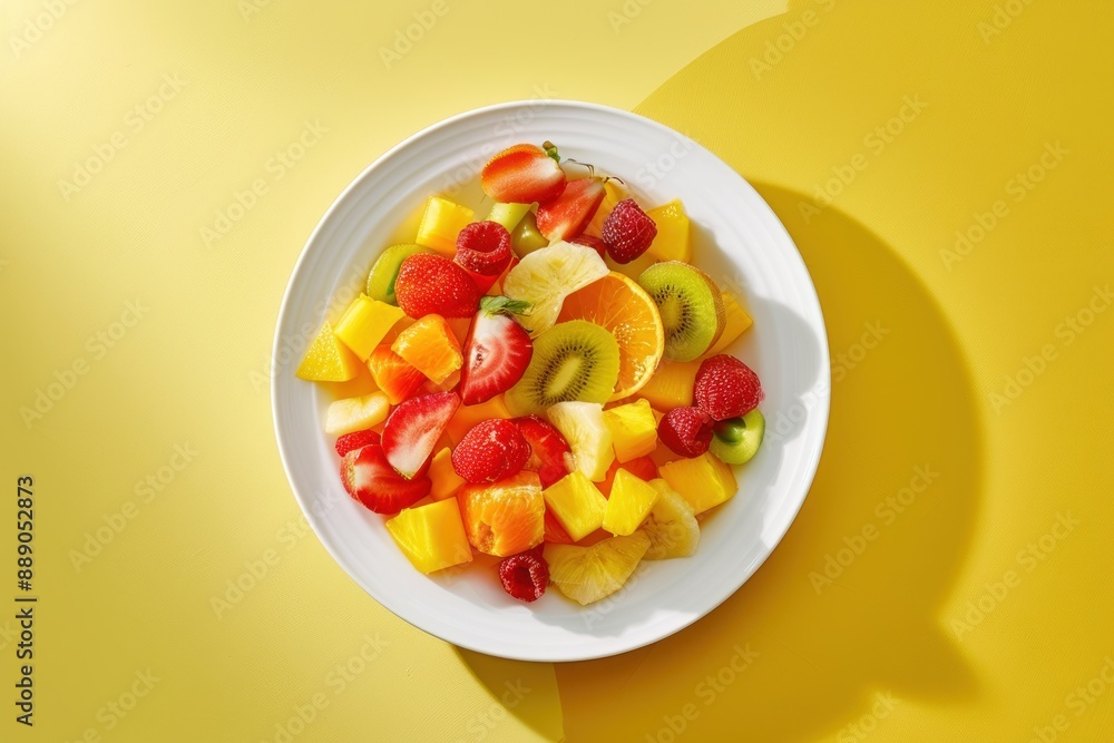 A plate of fruit with a yellow background. The plate is full of fruit including strawberries, kiwi, and oranges A plate of fruit with a yellow background. The plate is full of fruit including strawberries, kiwi, and oranges