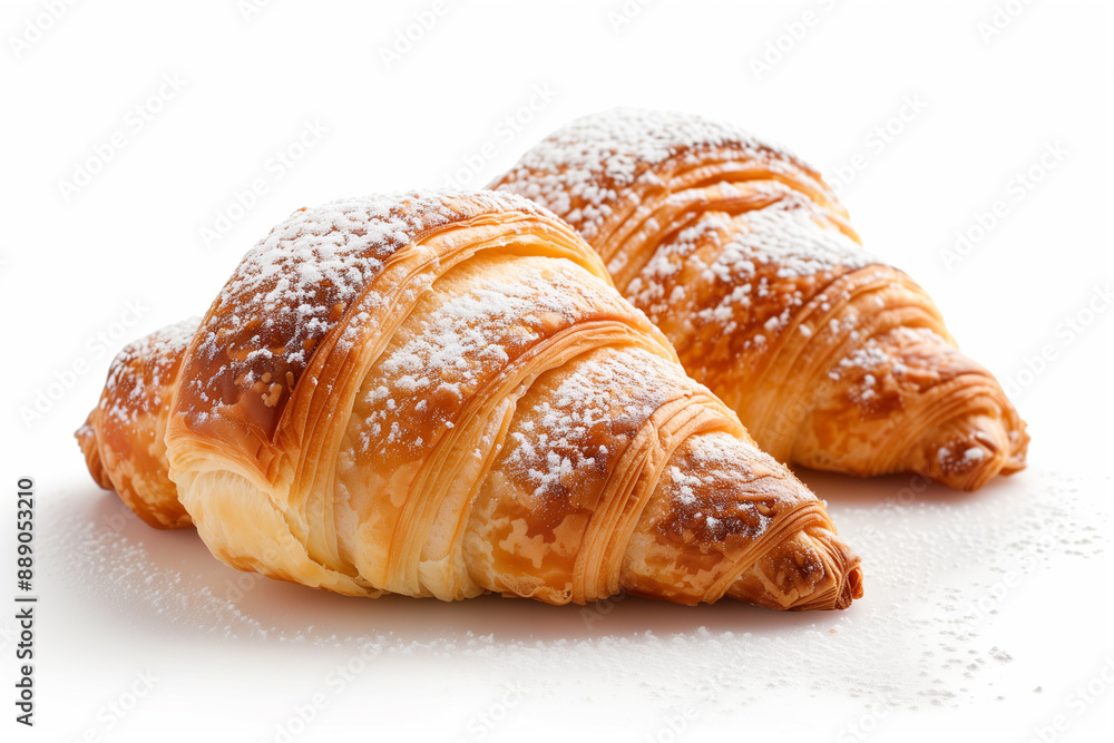 Two buttery and flaky croissants, lightly dusted with powdered sugar, ideal for a delightful breakfast or snack. Two buttery and flaky croissants, lightly dusted with powdered sugar, ideal for a delightful breakfast or snack.