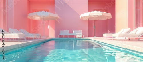 Modern Poolside Relaxation With Pink Wall and Palm Trees