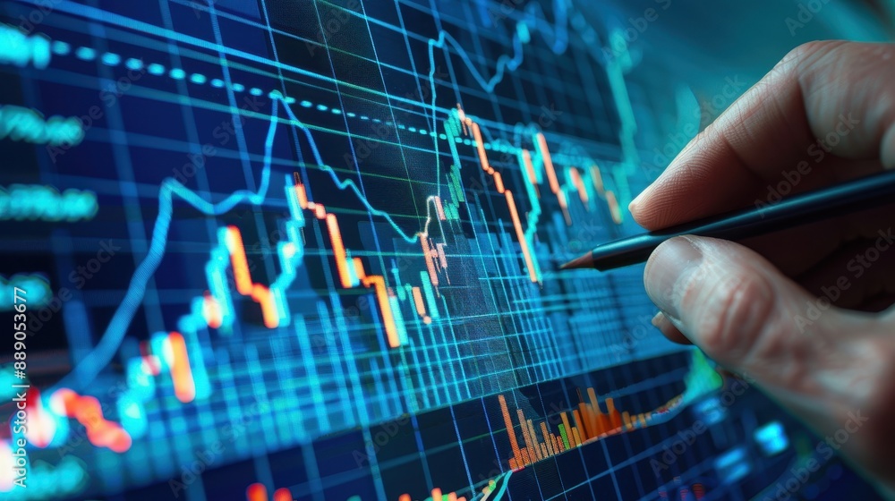 A person is writing on a graph with a pen. The graph shows a downward trend, and the person is writing on it with a pencil. Concept of analyzing data and making predictions based on trends A person is writing on a graph with a pen. The graph shows a downward trend, and the person is writing on it with a pencil. Concept of analyzing data and making predictions based on trends